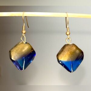 Vtg Square Dangle Drop Pierced Earrings Duo Tone Deep Blue & Gold Boho Fashion